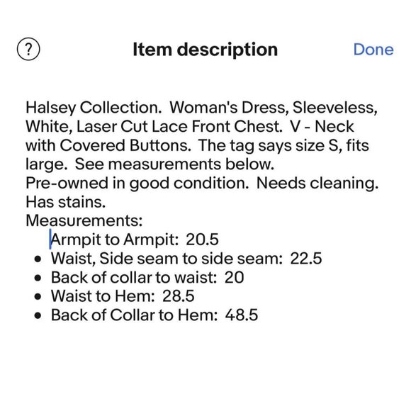 Halsey Collection Dress Womans White Laser Cut Lace No Sleeve V-Neck Buttons - Picture 12 of 12